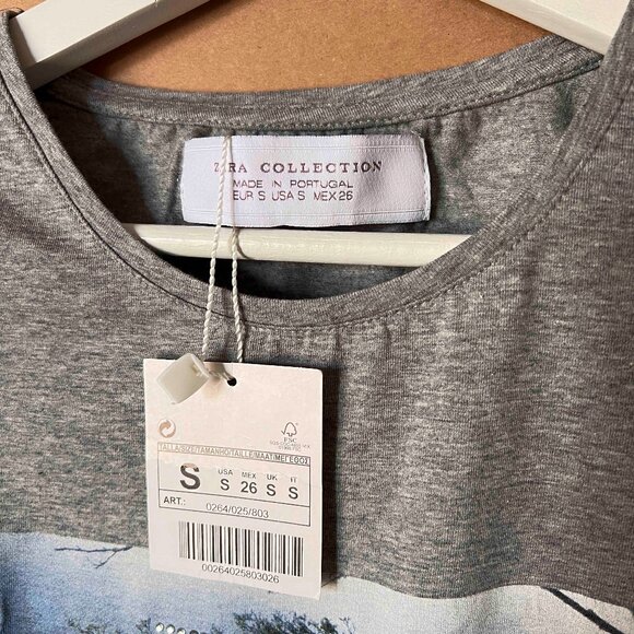 ZARA Collection BNWT Grey Silkscreened Tee with crystal embelishments Size Small - Picture 4 of 6